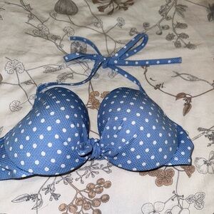 Shade & Shore blue bikini top w/ white polka dots. Size is 34 D. Adjust neck tie